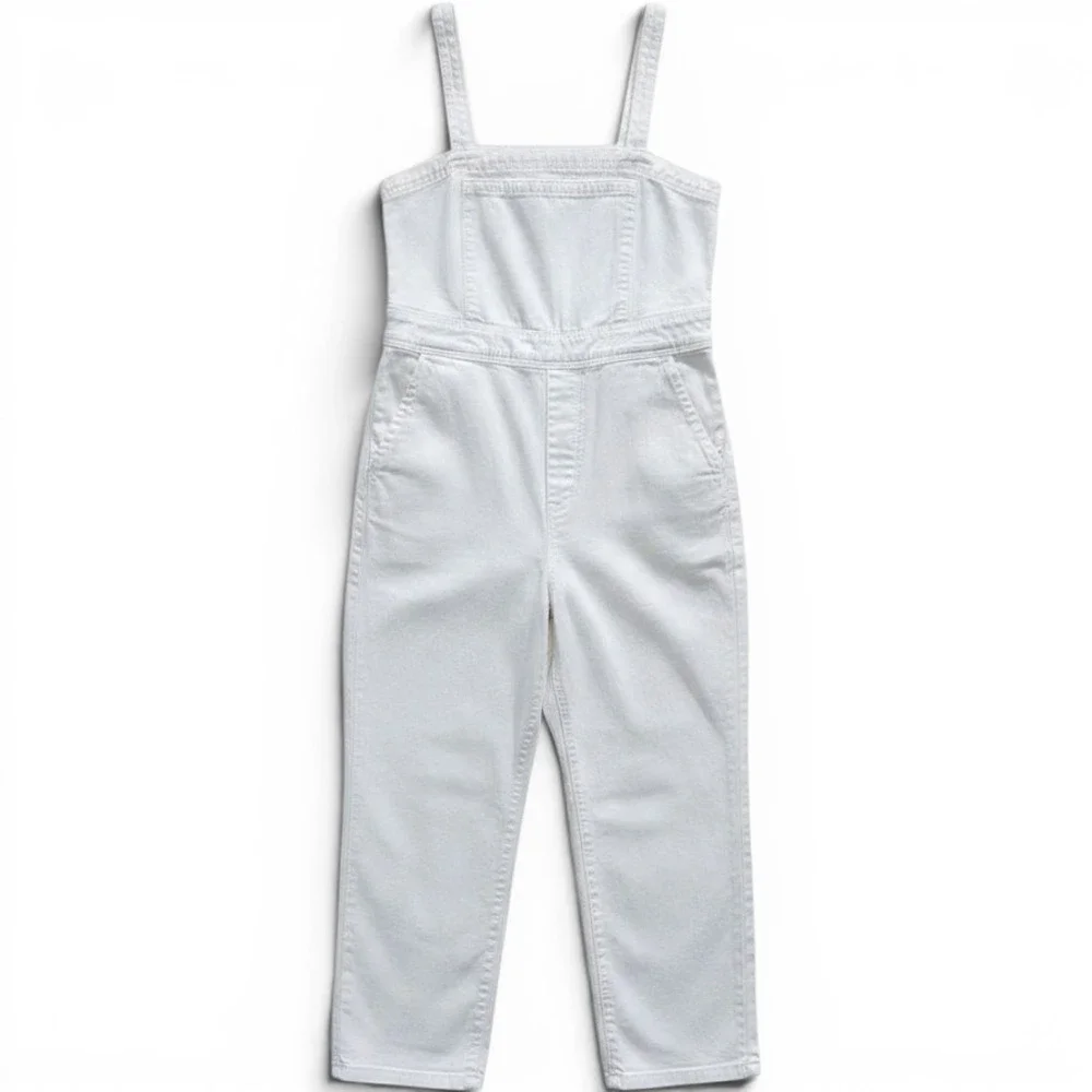 Free People Charlie Utility Jumpsuit White Denim Boho Work Garden Coastal Medium